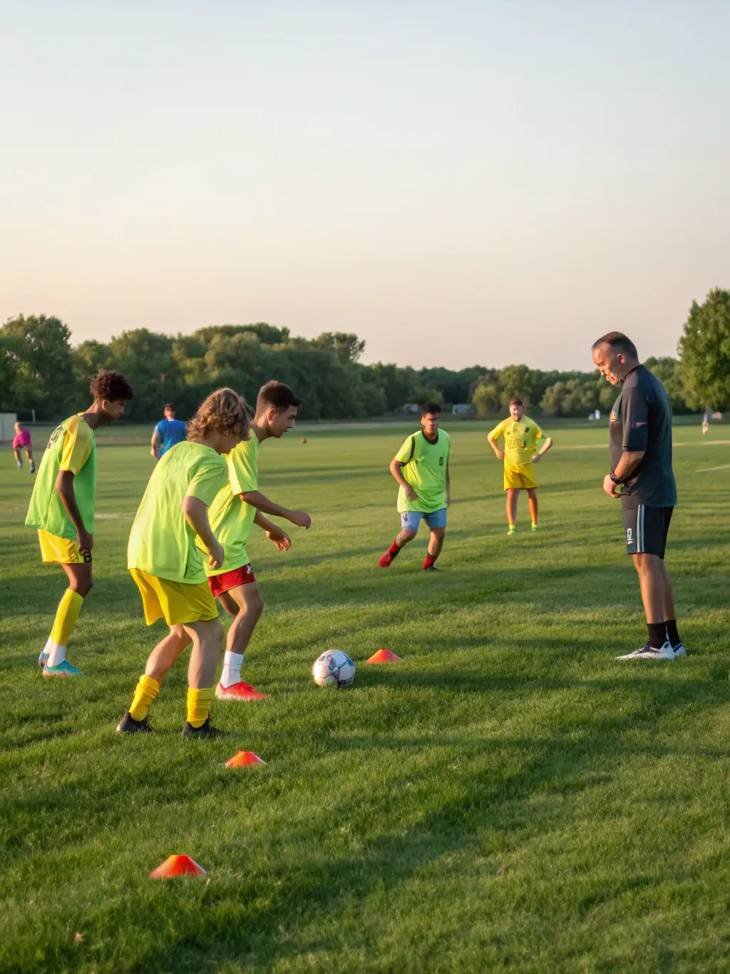 A group of young athletes participating in a soccer training session organized by GEAVED, focusing on teamwork and skill development.