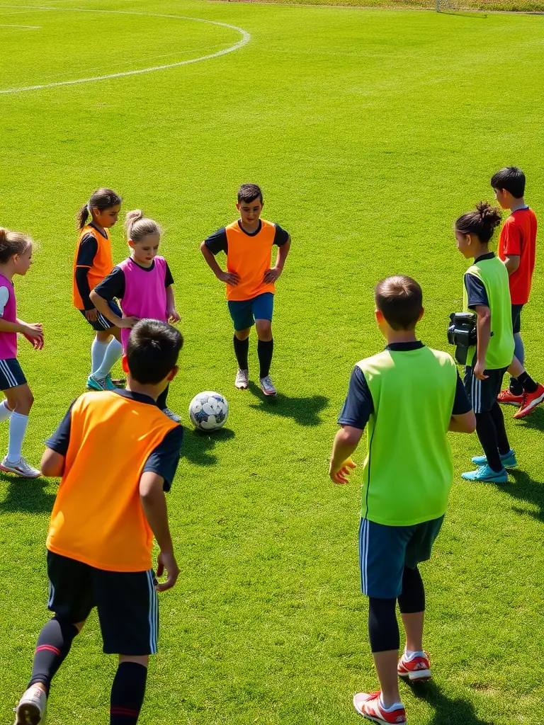 A vibrant photo of children participating in a soccer clinic organized by GEAVED, showcasing teamwork and skill development.