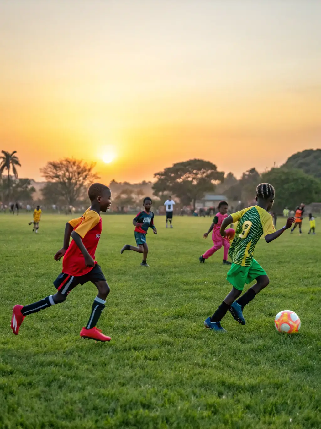 A vibrant photo of children participating in a GEAVED-sponsored soccer clinic, showcasing teamwork and fun.