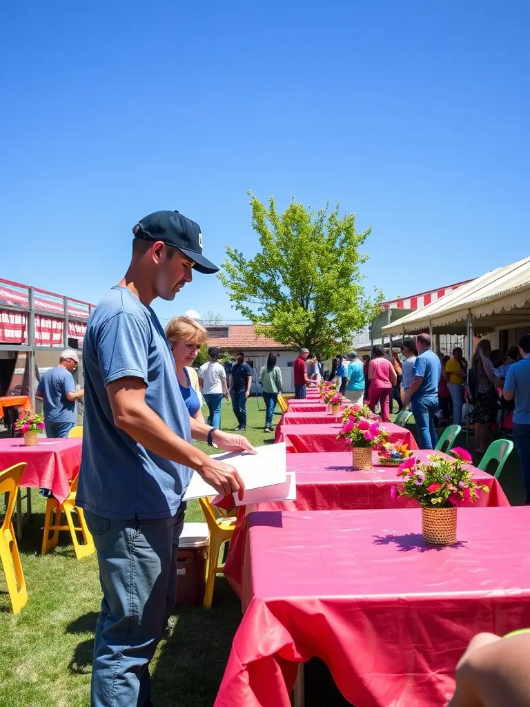 Volunteers assisting with the setup of a local sports event sponsored by GEAVED, showcasing community involvement and support.